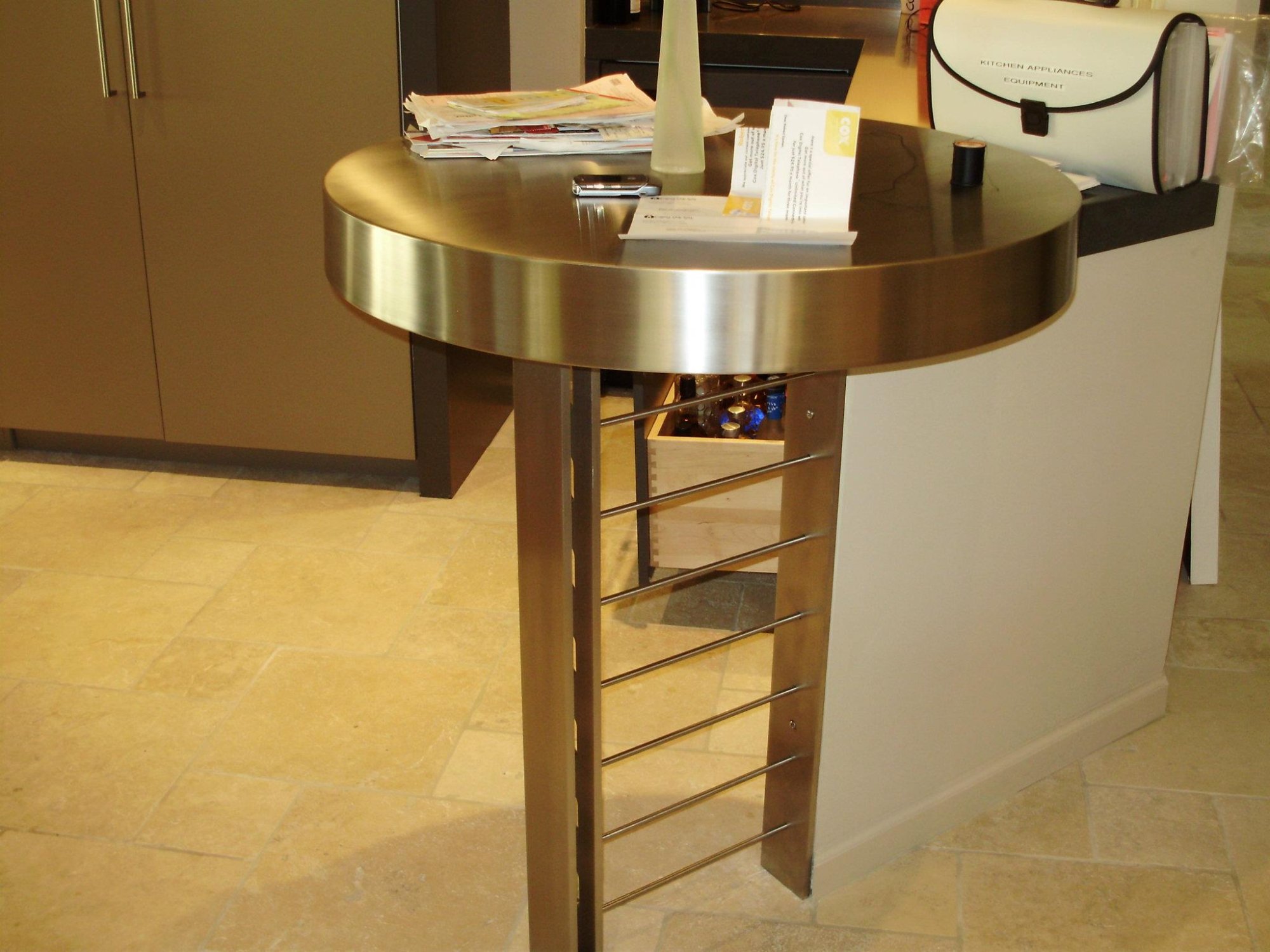 Custom round stainless steel bar table with rung base — Phoenix AZ